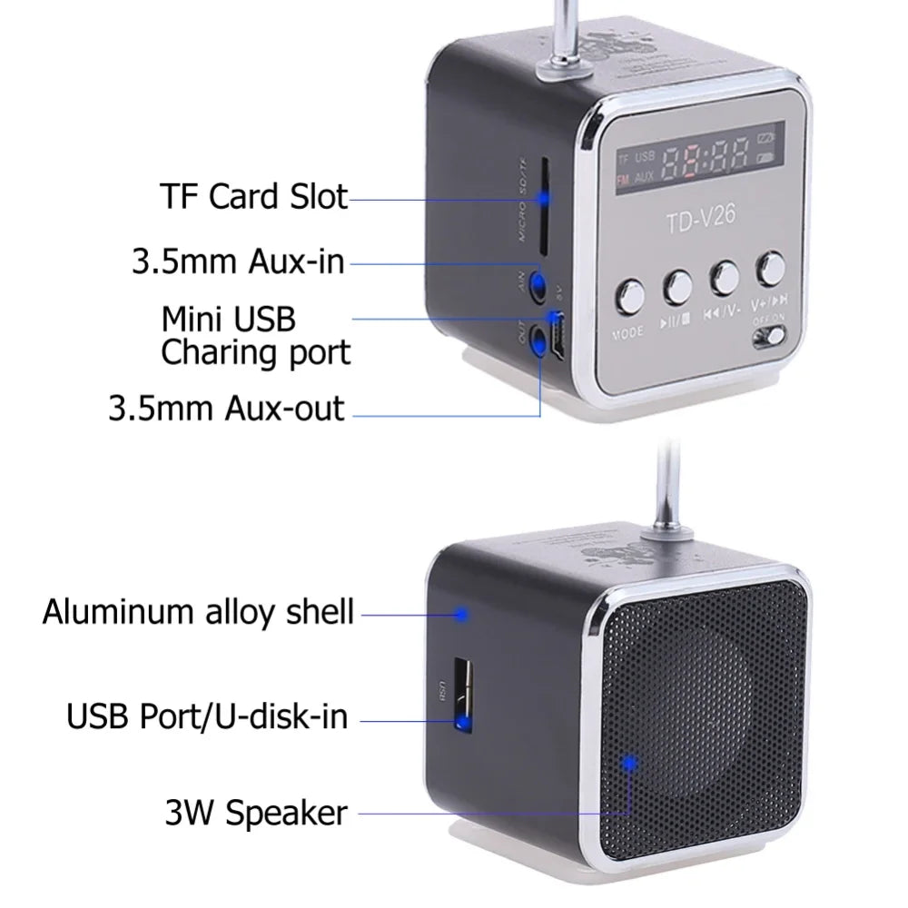 TD-V26 Portable Mini Bluetooth Speaker with Screen FM Radio MP3 Player Support TF Card for Laptop Phone